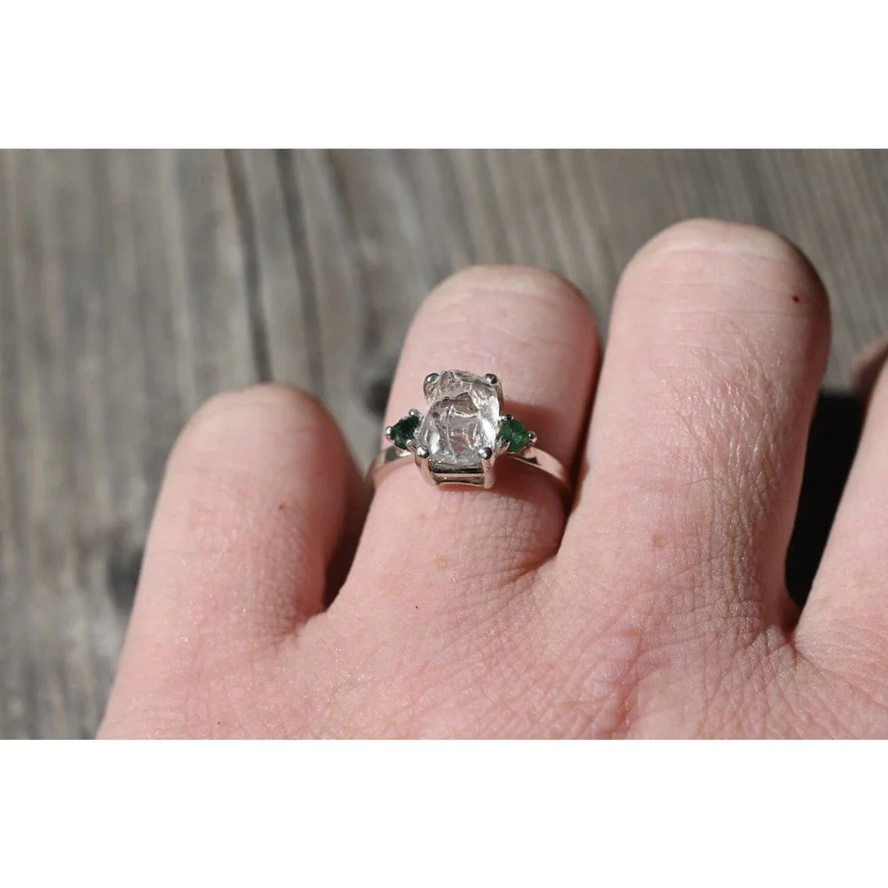 Raw Diamond Emerald Engagement Ring Rough Uncut Anniversary Silver Rusti…
